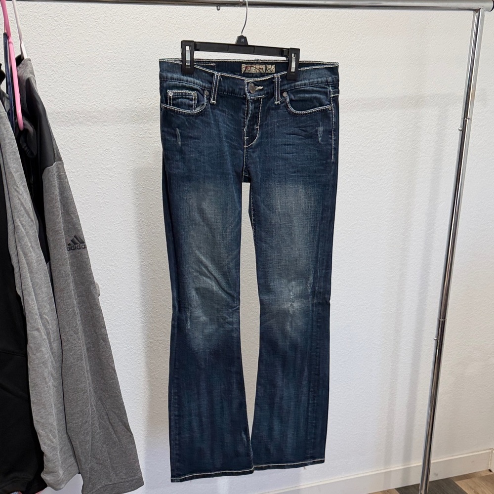 Stylish Dark Blue Distressed Boot Cut Jeans